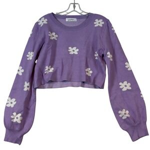 Purple Daisy Floral Knit Cropped Sweater Womens •L• Lavender Cottagecore Y2K